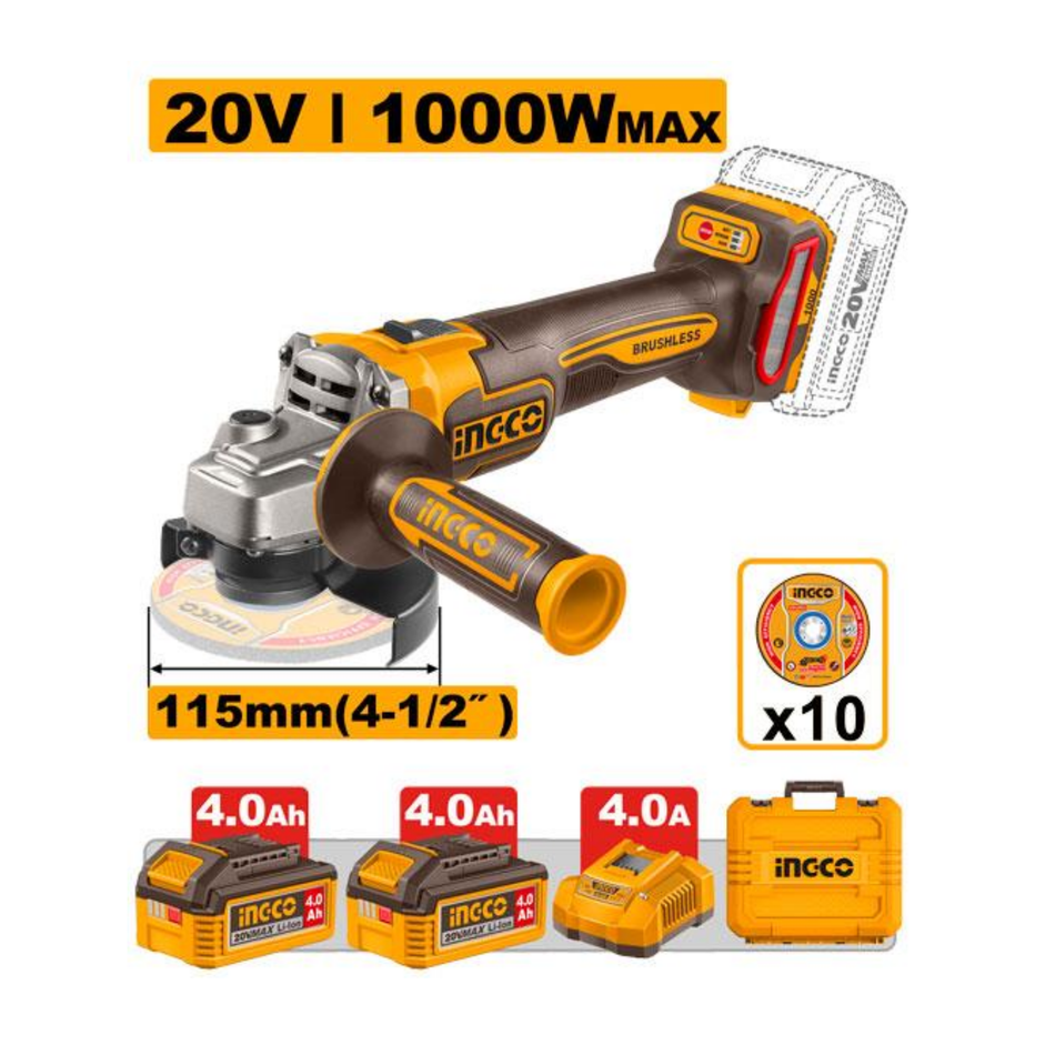 Ingco Cordless Angle Grinder 4.5" 20V (2X4.0Ah) Cagli271532