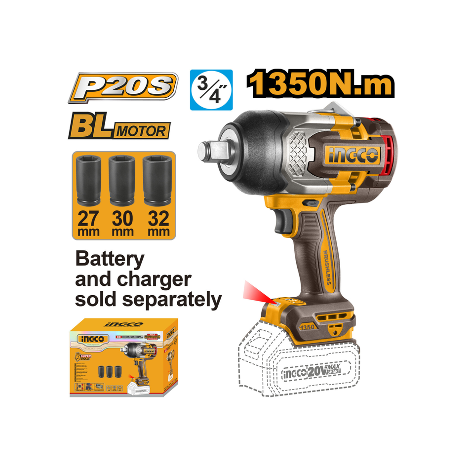 Ingco Cordless Impact Wrench 3/4" 20V 4.0Ahx2 1350Nm
