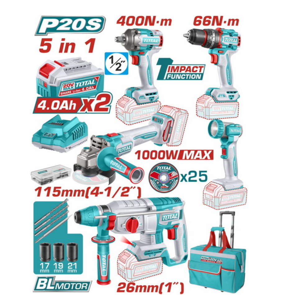 TOTAL CORDLESS INDUSTRIAL COMBO KIT 5Pcs TCKLI20592E