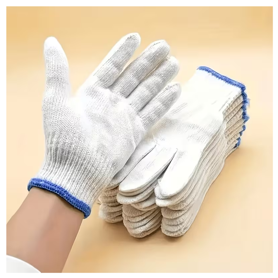 COTTON GLOVES WHITE WITH BLUE GRIP (PER PKT)