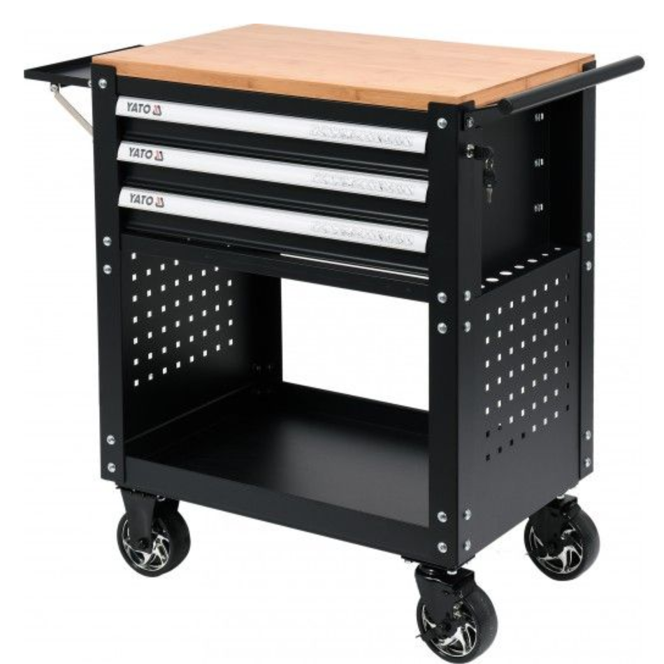YATO METAL SERVICE TROLLEY 3 DRAWERS WOODEN TOP 905x685x455mm YT-55281