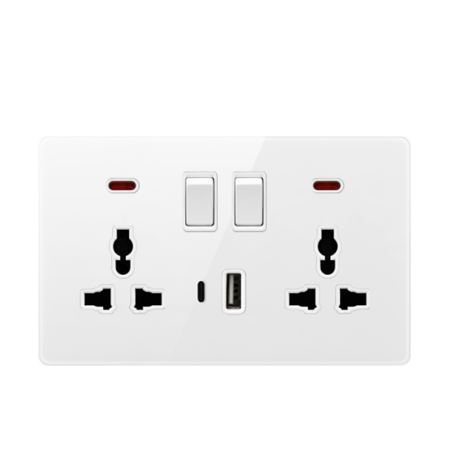 SWITCHED DOUBLE 3 PIN UNIVERSAL SOCKET USB AND TYPE C WITH NEON V6-049