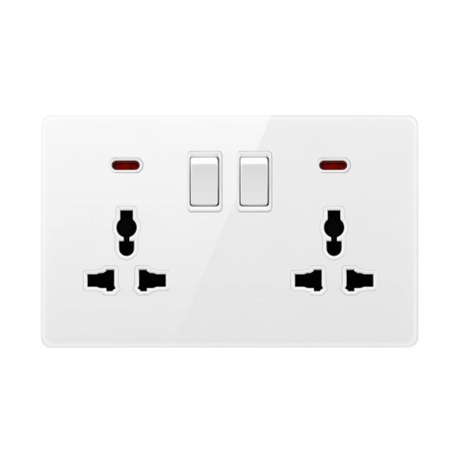 Switched double 3 pin universal socket with neon SWITCHED DOUBLE 3 PIN V6-048