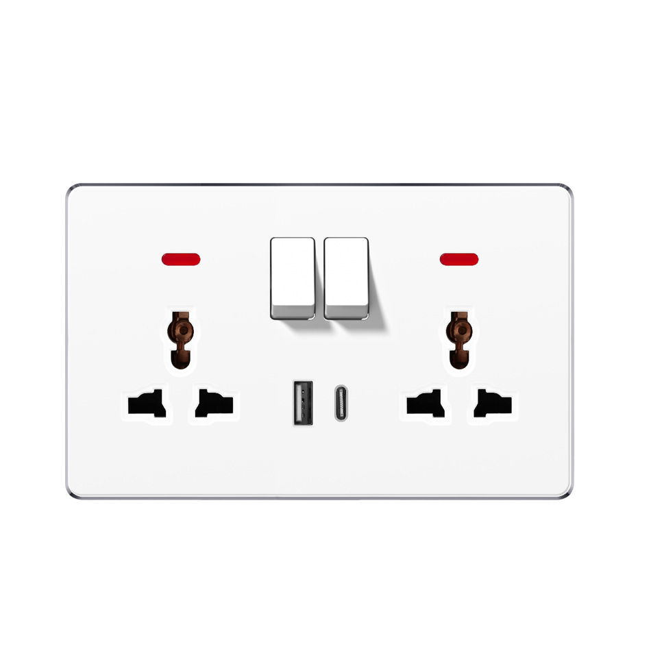 SWITCHED DOUBLE 3 PIN UNIVERSAL SOCKET ( 2 USB WITH NEON ) V7-049