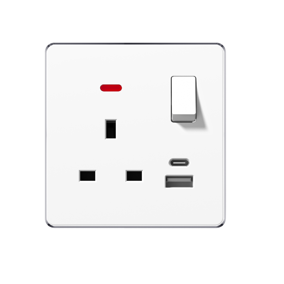 13A 1 GANG SWITCH + SOCKET 2 USB WITH NEON V7-037