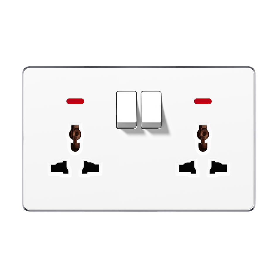 SWITCHED DOUBLE 3 PIN UNIVERSAL SOCKET WITH NEON V7-048