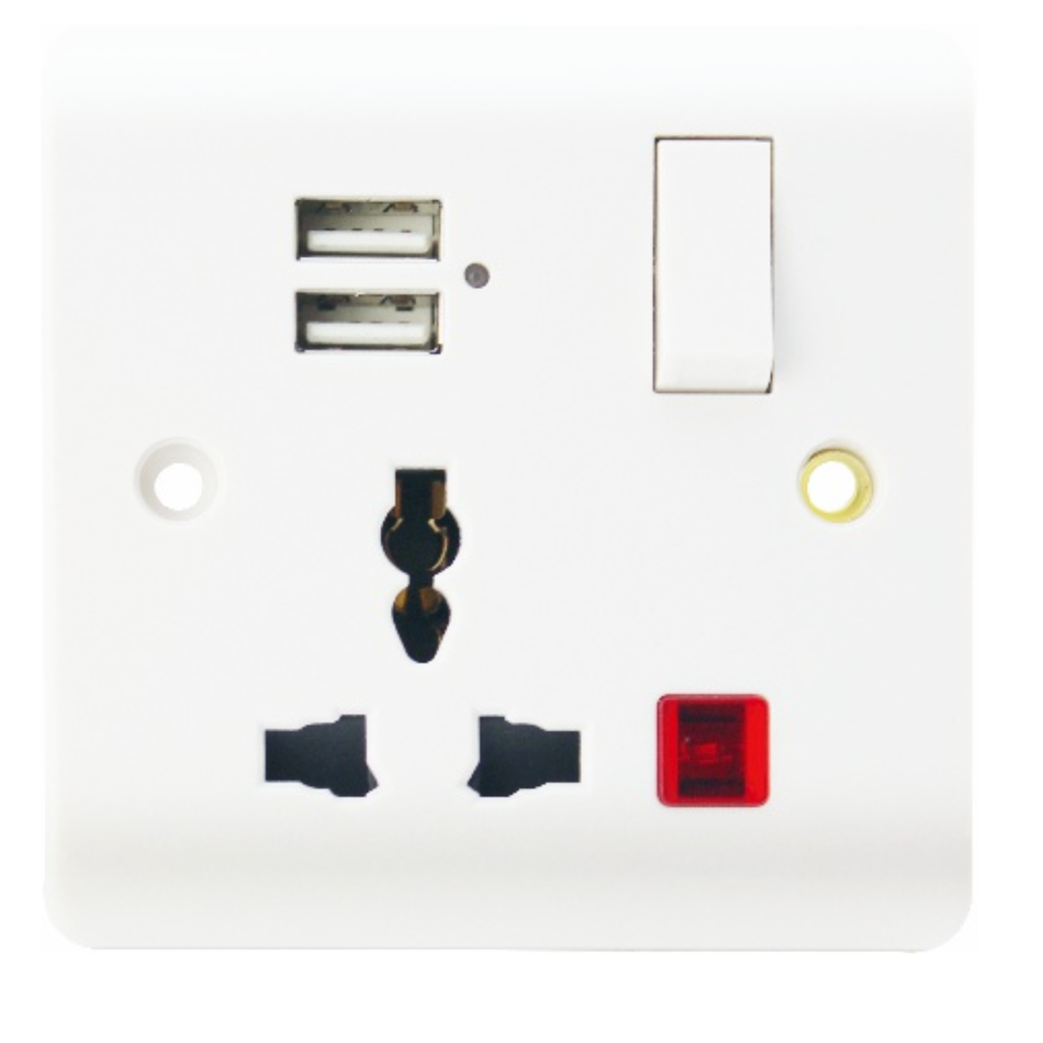 13A 1 GANG SWITCHED MULTI FUNCTION SOCKET+NEON WITH USB MD-HWD5014