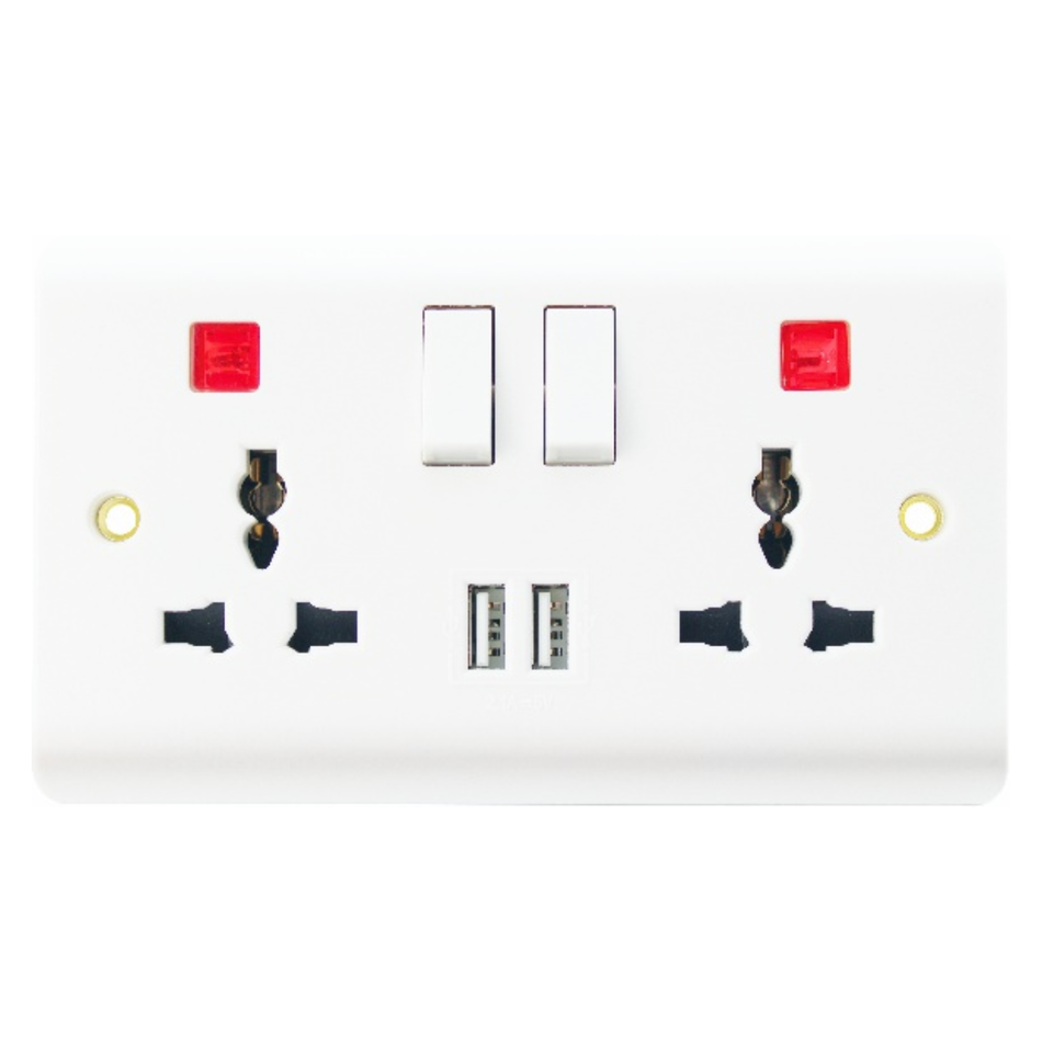 13A 2 GANG SWITCHED MULTI FUNCTION SOCKET+NEON WITH USB MD-HWD5015