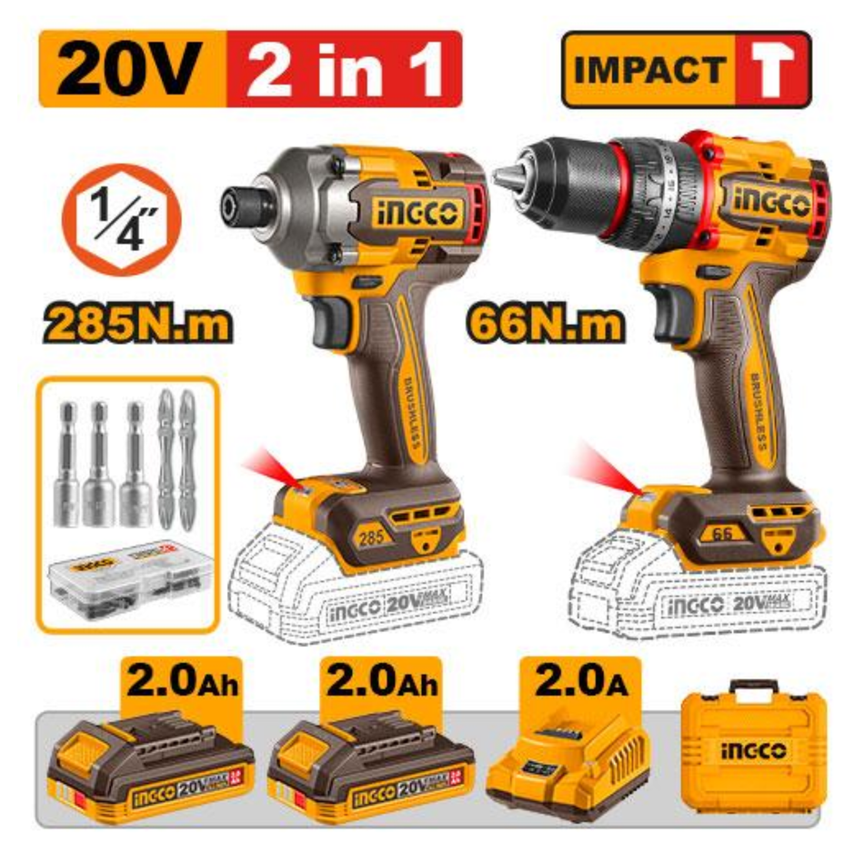 INGCO CORDLESS IMPACT DRIVER +DRILL SET CKLI20277