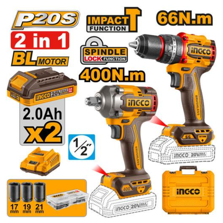 INGCO CORDLESS IMPACT WRENCH +DRILL SET CKLI20275