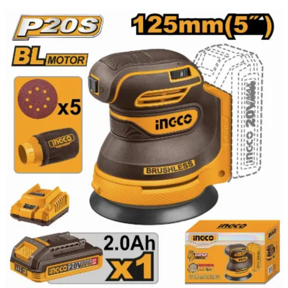 INGCO 20V CORDLESS RANDOM ORBIT SANDER 125MM CROSLI20021