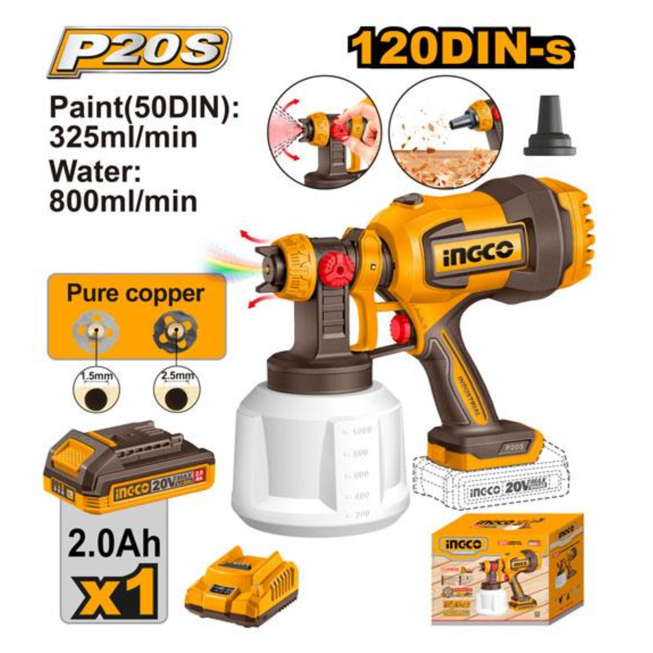 INGCO CORDLESS SPRAY GUN 20VX2.0AH CSGLI20042