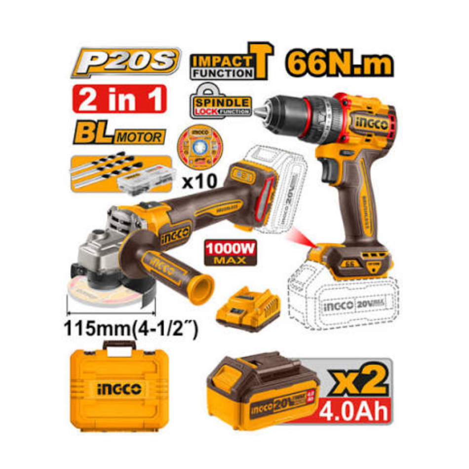 INGCO CORDLESS GRINDER + DRILL SET CKLI20273