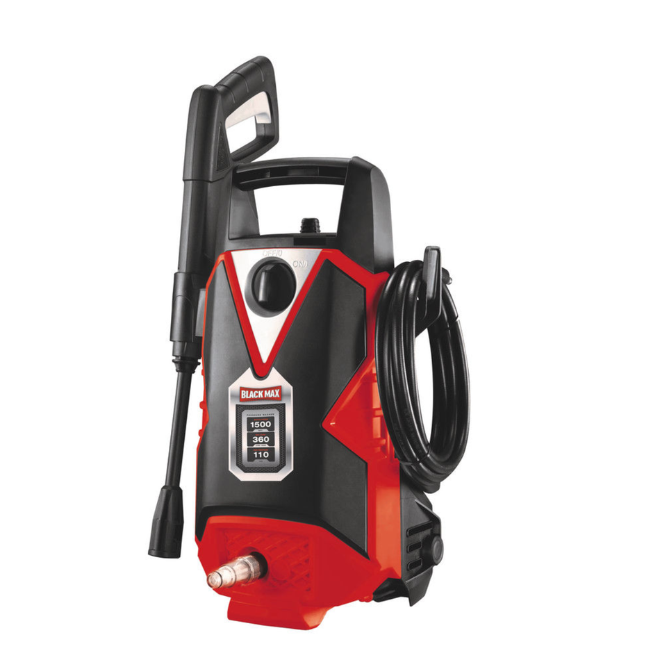 Red and black pressure washer with hose on a white background