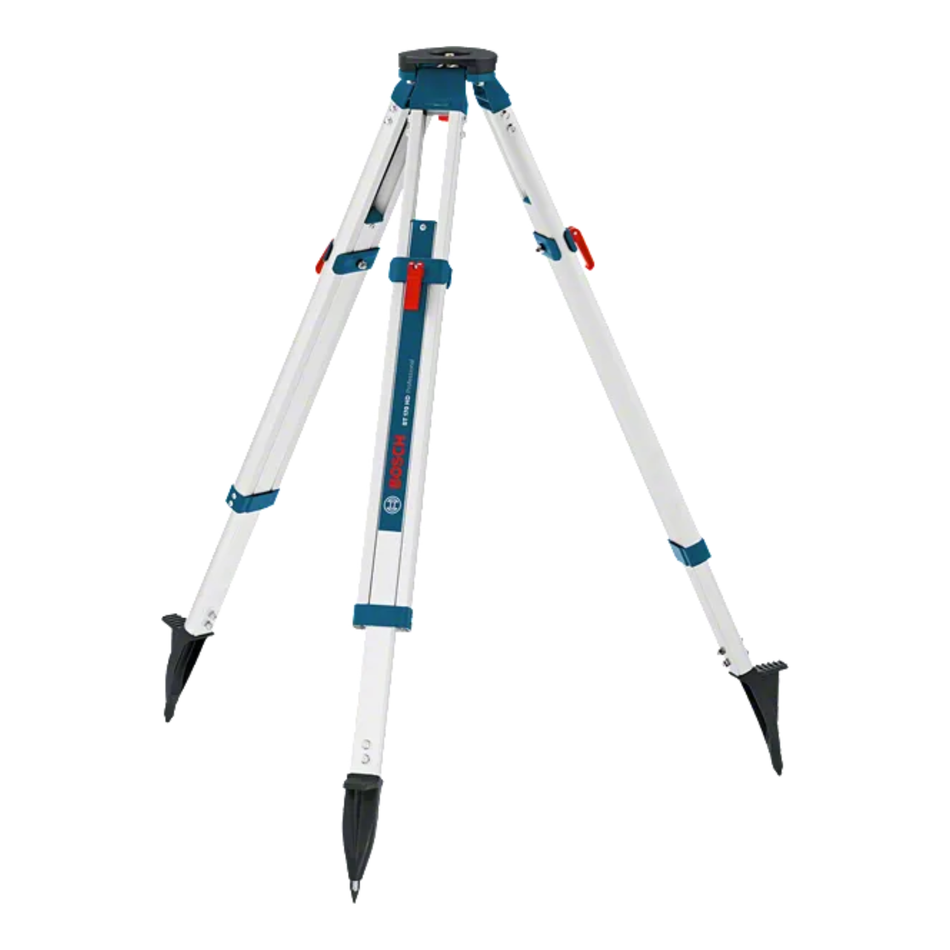 White tripod with blue and red accents on a white background