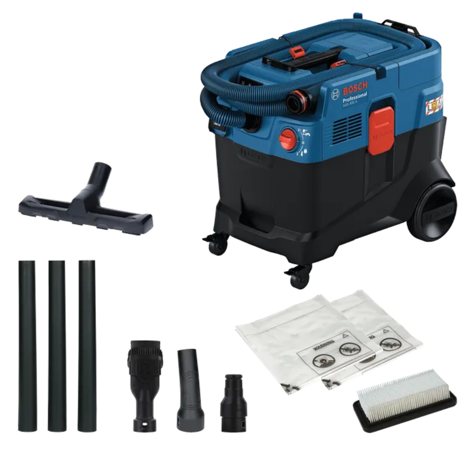 Bosch professional vacuum cleaner with attachments on a white background