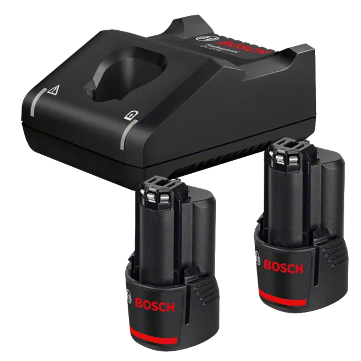 Bosch battery charger and two batteries on a white background