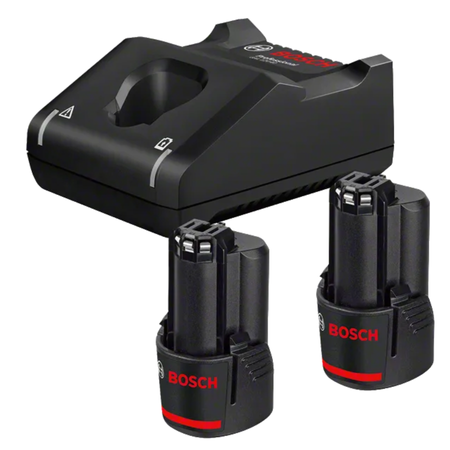 Bosch battery charger and two batteries on a white background