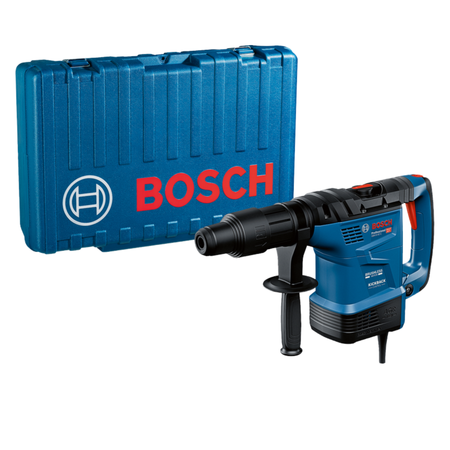 Bosch rotary hammer drill with blue carrying case on a white background