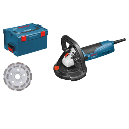 Bosch angle grinder with accessories on a white background
