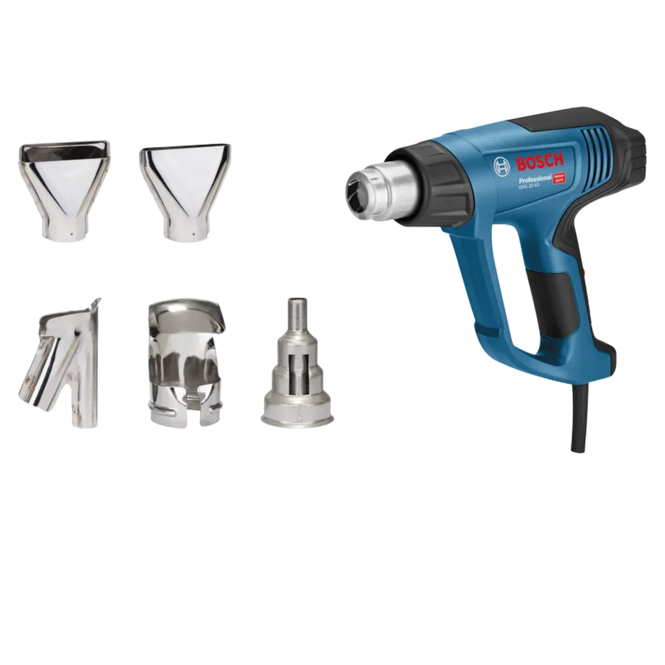 Bosch heat gun with various nozzles on a white background