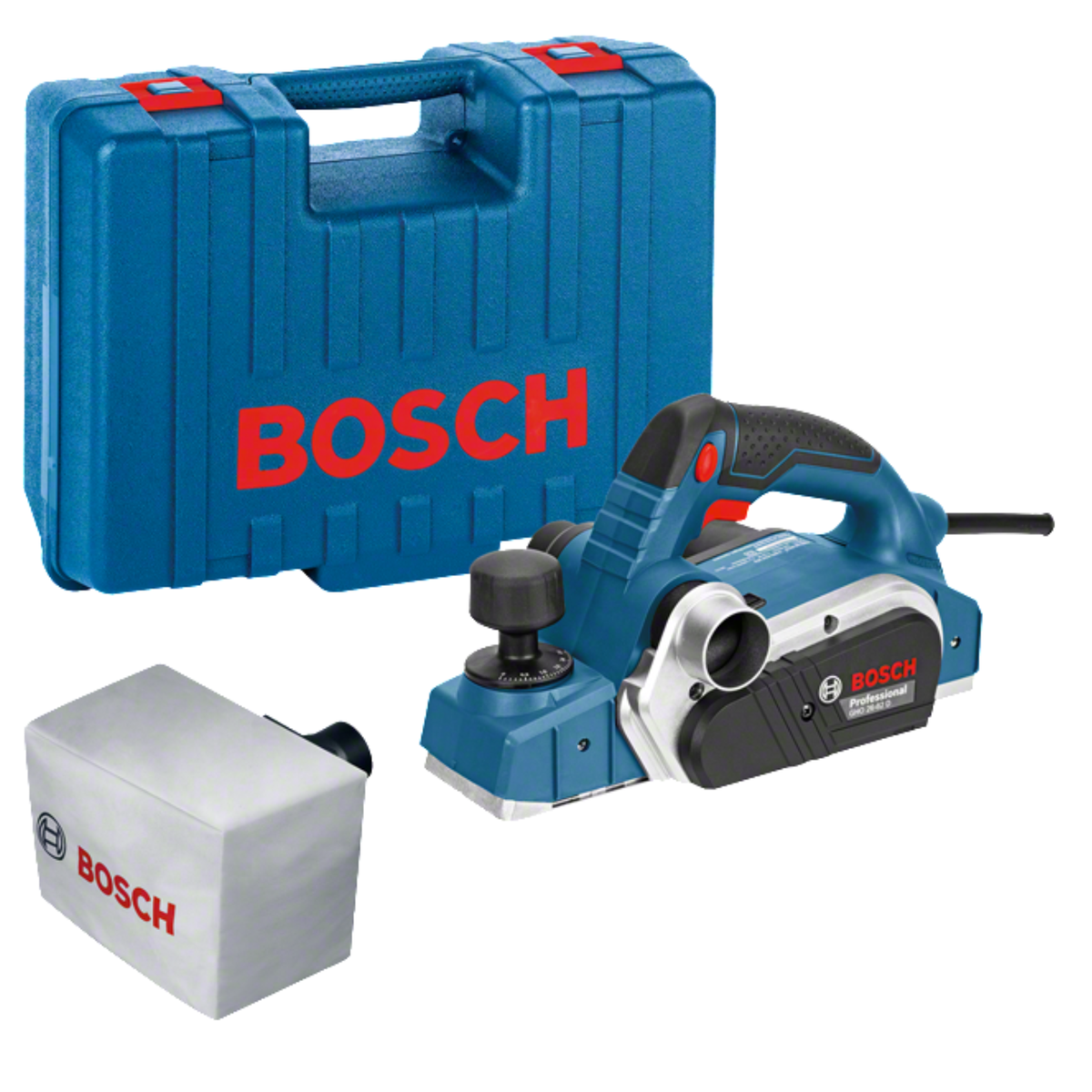 Bosch power tool with blue case and battery on a white background