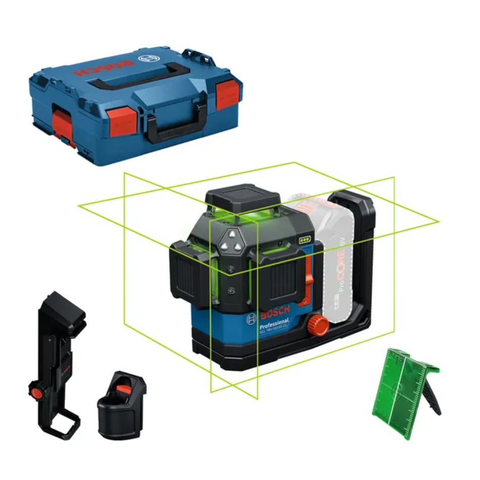 Bosch laser level with accessories on a white background