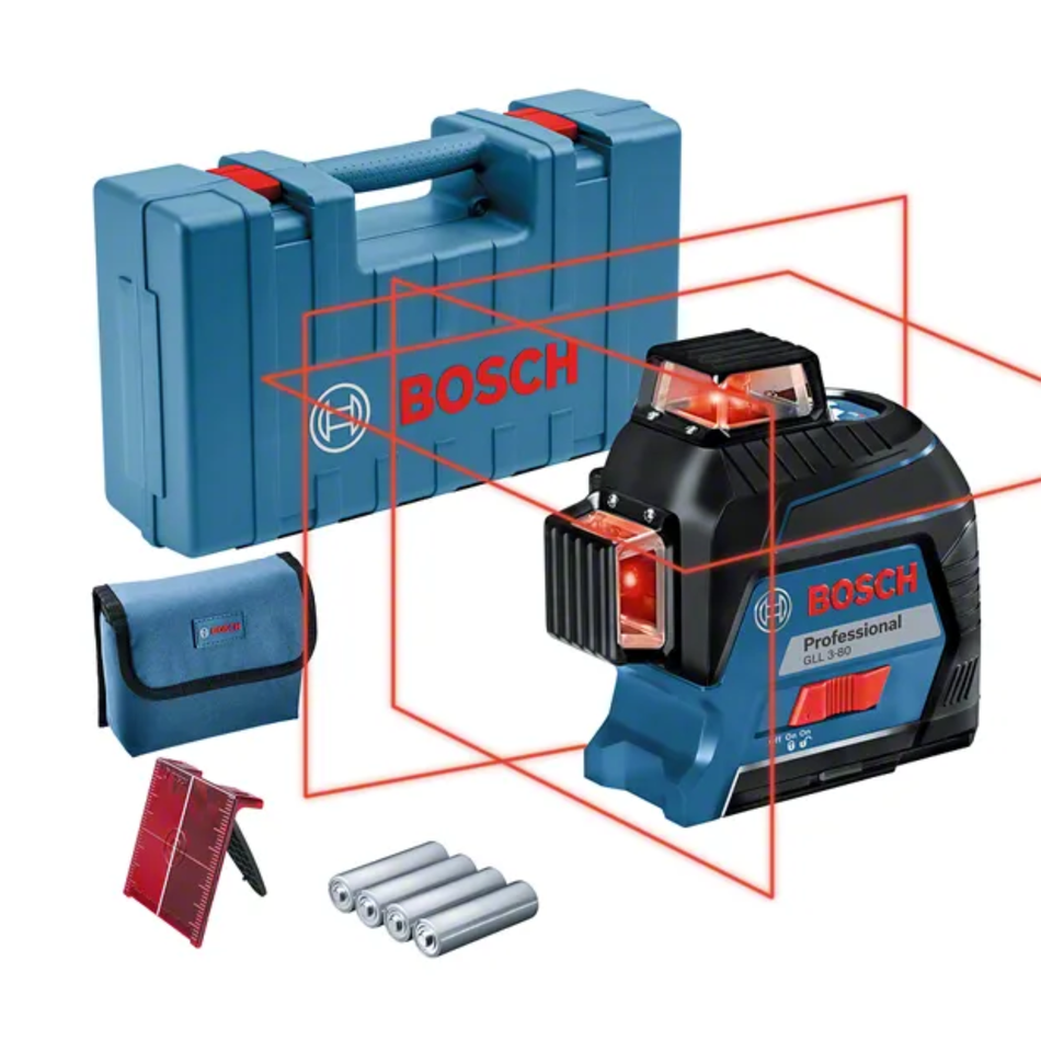 Bosch laser level with accessories on a white background
