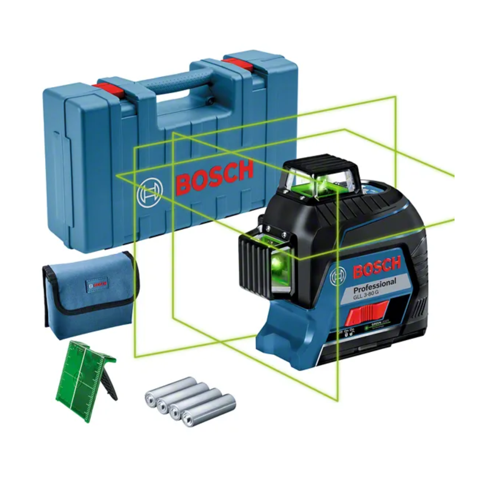 Bosch laser level with accessories on a white background