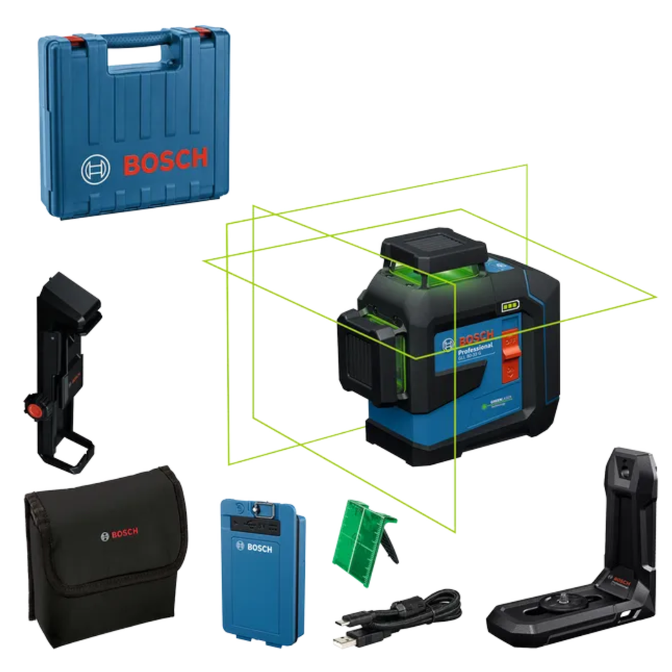 Bosch laser level with accessories on a white background