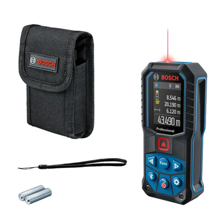 Bosch laser measure device with carrying case and batteries on a white background