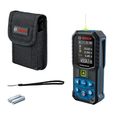 Bosch laser measure with carrying case and batteries on a white background