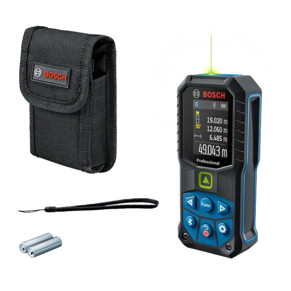 Bosch laser measure with carrying case and batteries on a white background