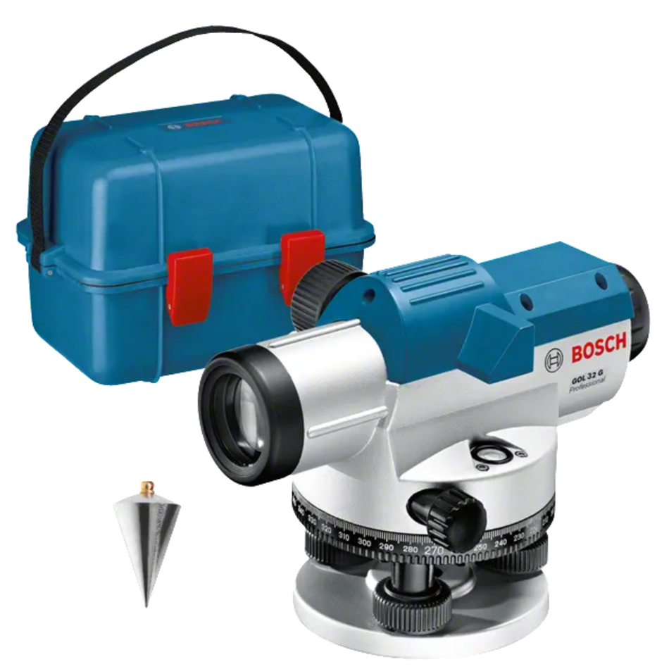 Bosch measurement tool with blue carrying case on a white background