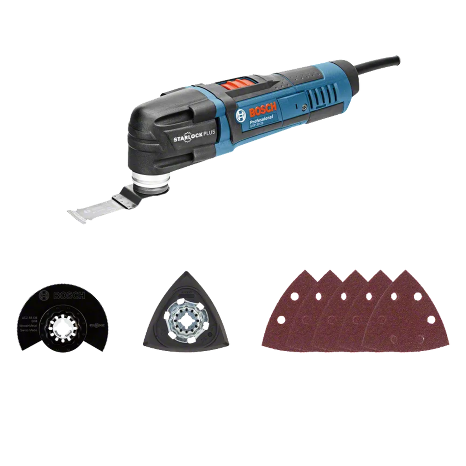 Bosch oscillating tool with additional attachments on a white background