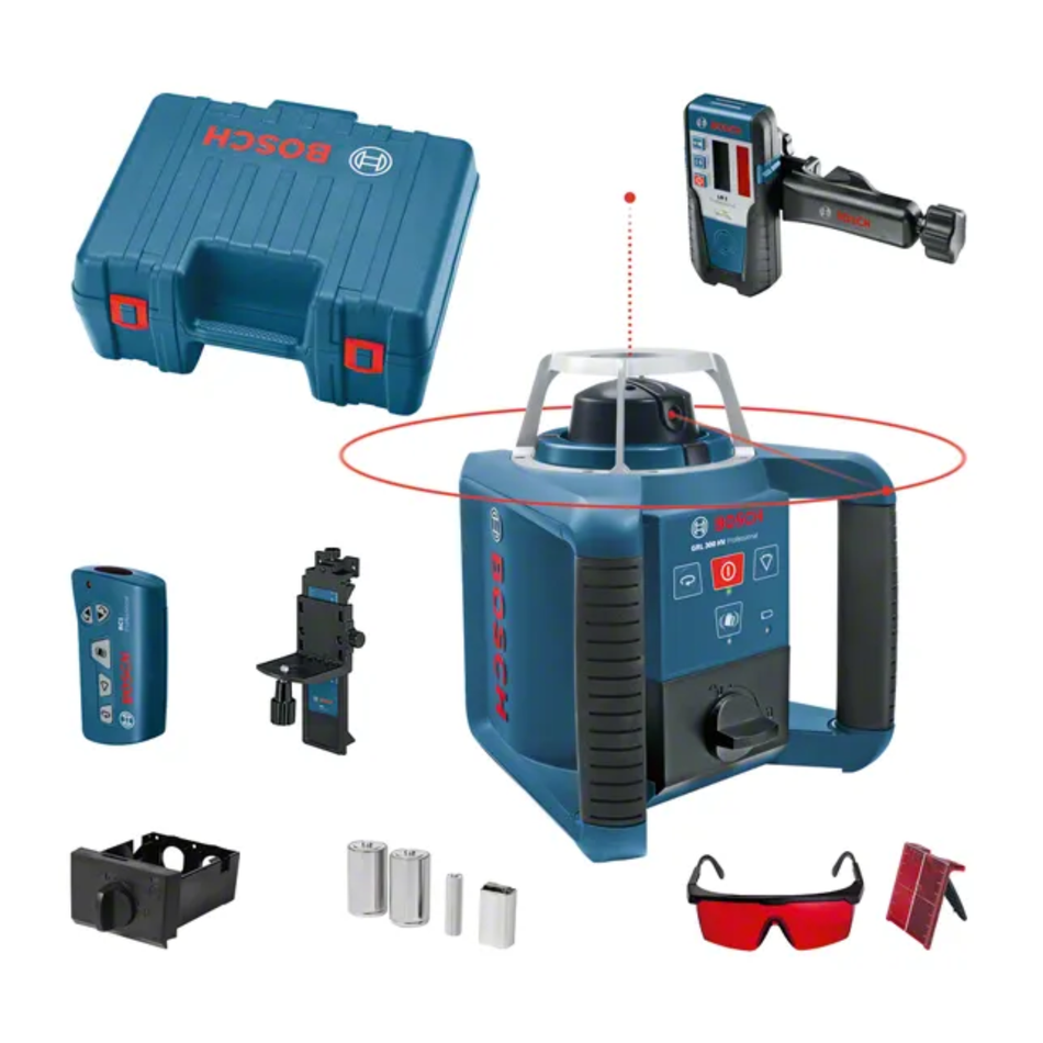 Bosch laser level with accessories on a white background