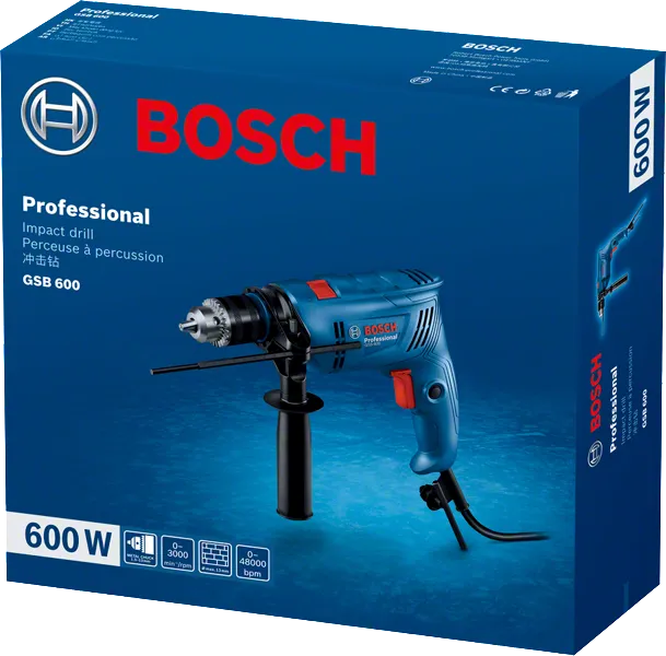 Bosch impact drill packaging with blue background