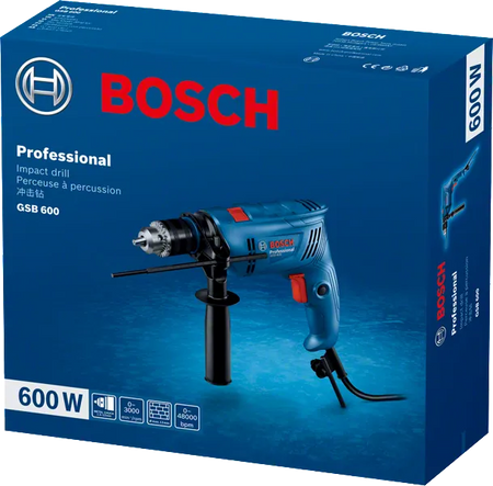 Bosch impact drill packaging with blue background