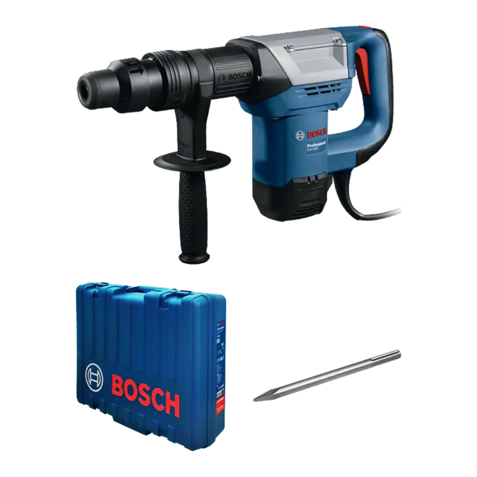 Bosch rotary hammer drill with case and drill bit on a white background