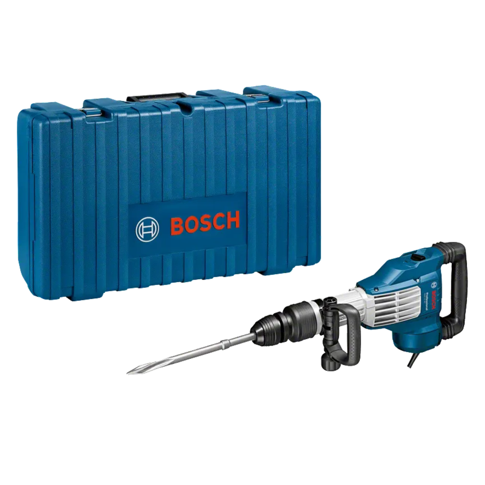 Bosch demolition hammer with blue carrying case on a white background