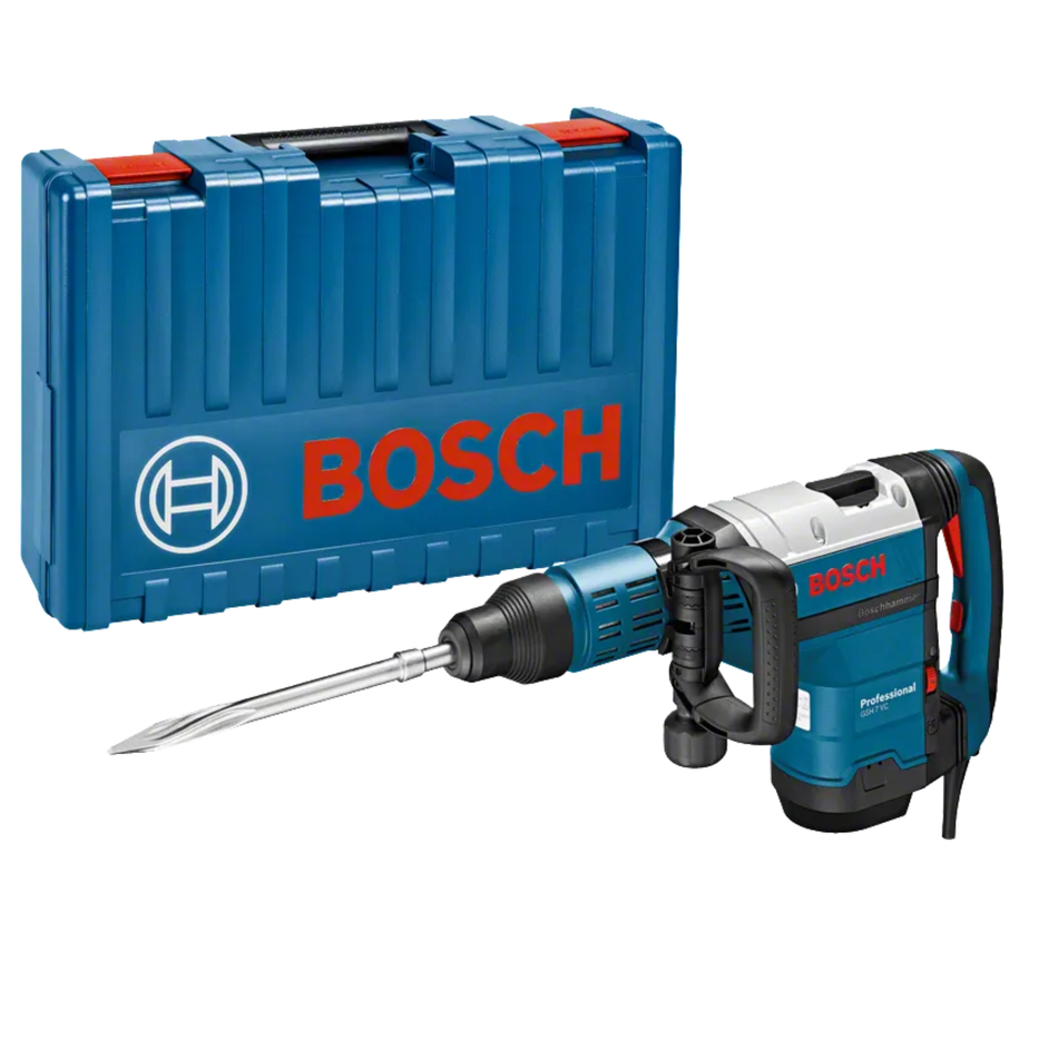 Bosch demolition hammer with blue carrying case on a white background