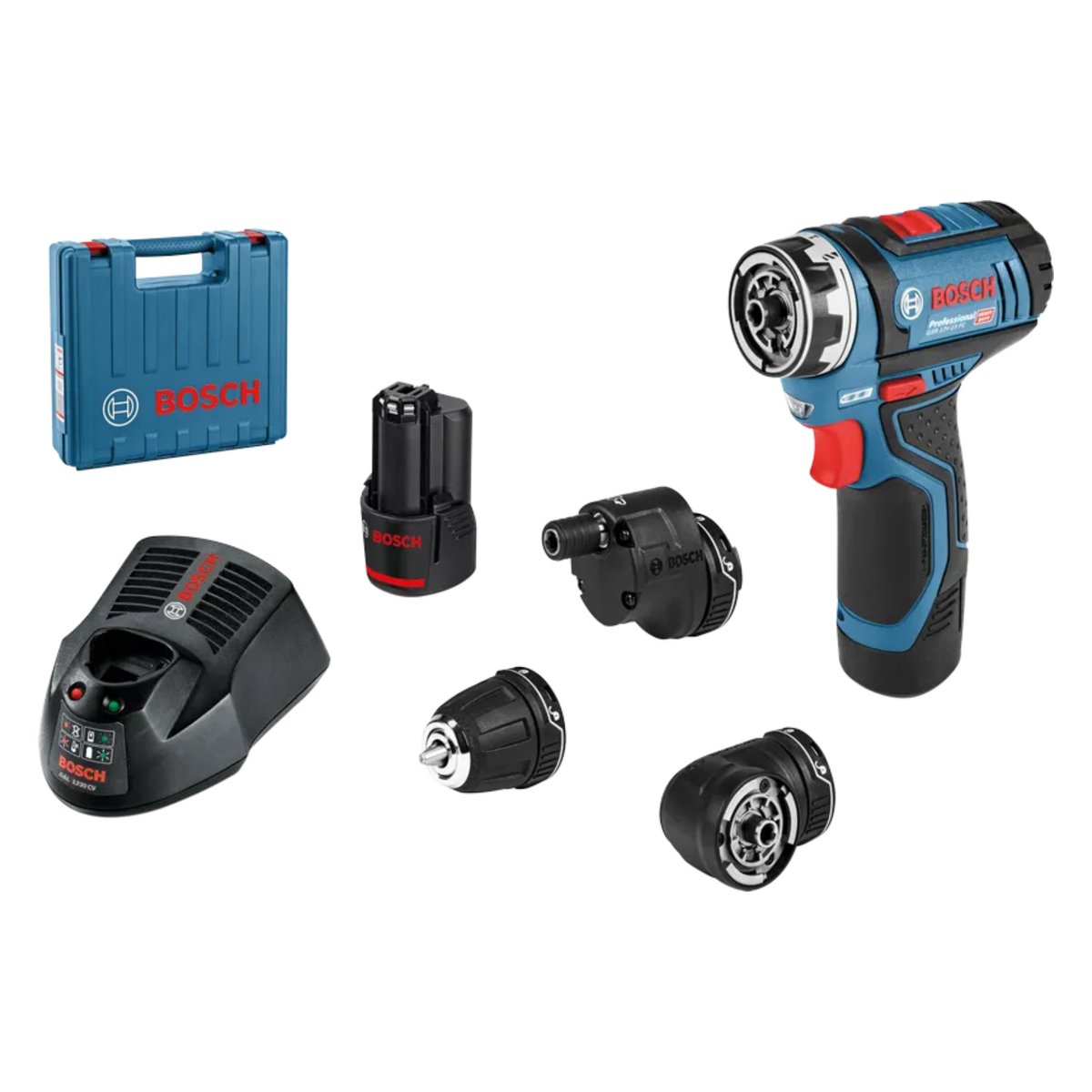 Bosch cordless drill set with accessories on a white background