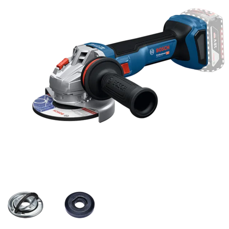 Bosch angle grinder with additional grinding discs on a white background