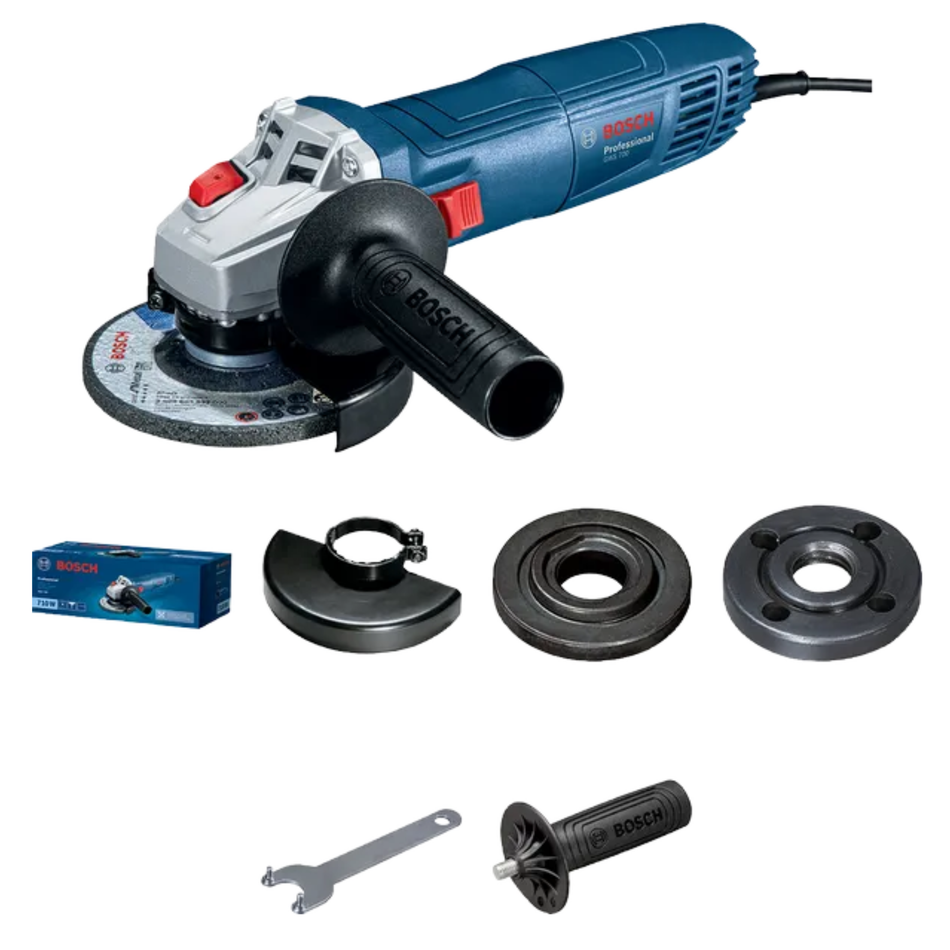 Bosch angle grinder with accessories on a white background