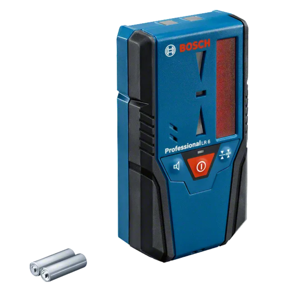 Bosch laser measure tool with batteries on a white background