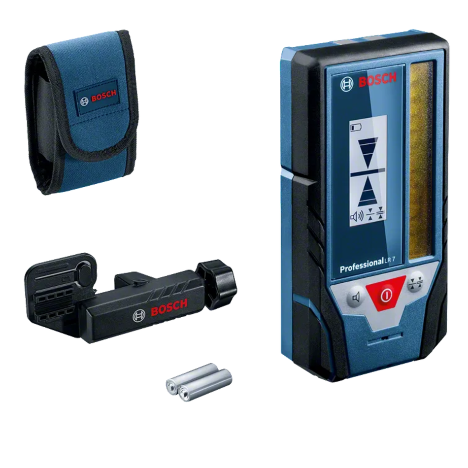 Bosch laser measuring device with carrying case and batteries on a white background