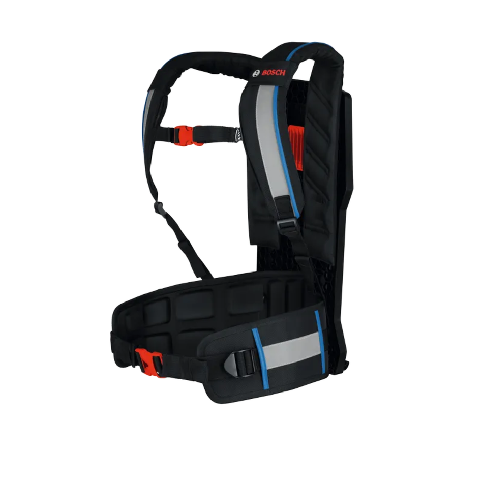 Bosch black protective harness with reflective gray stripes and red buckle accents, shown on a plain white background.