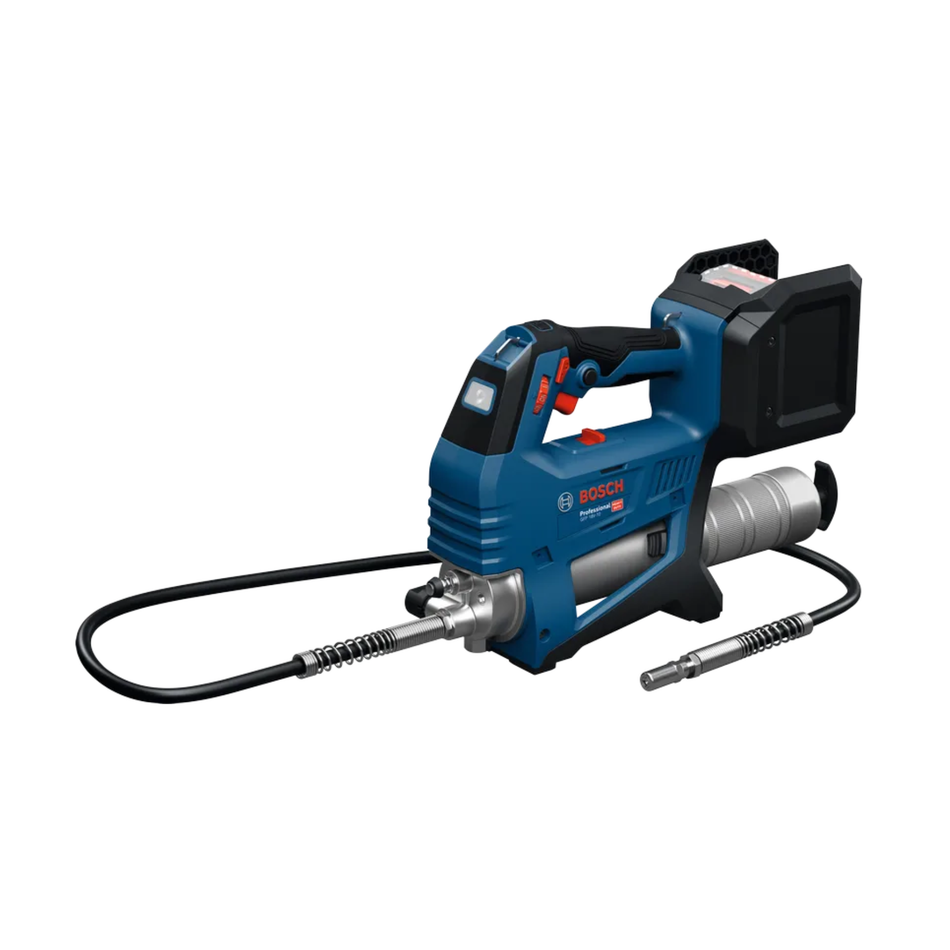Bosch GFC020 cordless grease gun with a blue and black body, a black hose, and a silver metal fitting, shown on a solid white background.