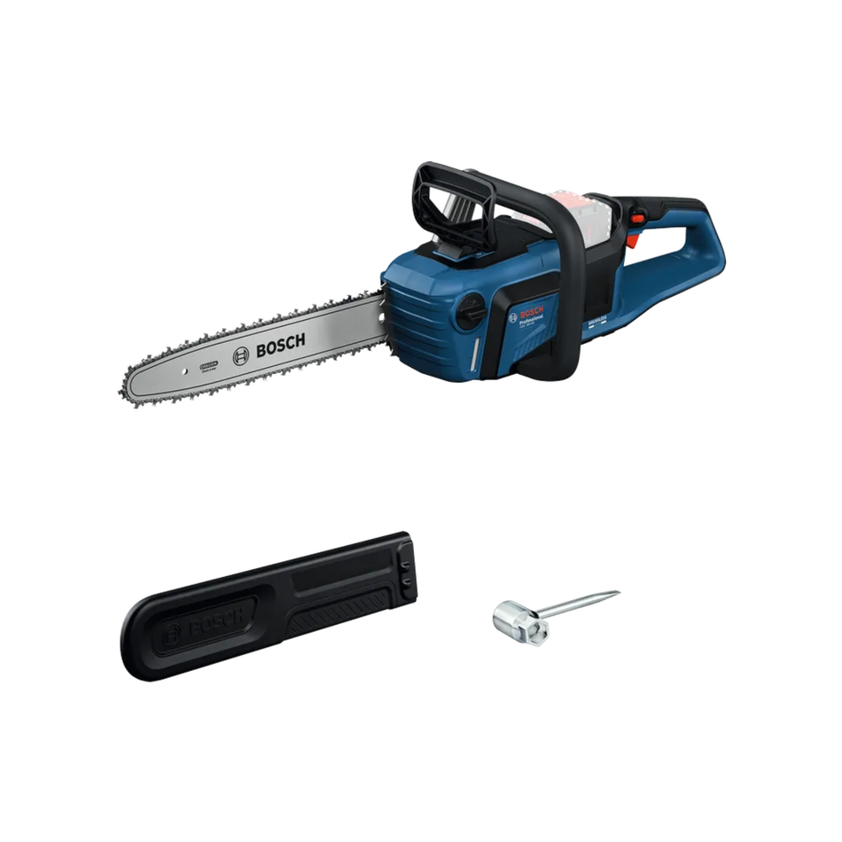 Bosch cordless chainsaw with a blue and black body, shown with a black protective guard and a silver hex key on a white background.