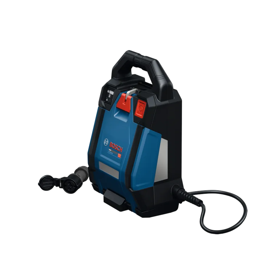 Bosch cordless pressure washer with a blue and black body, featuring a built-in handle, power switch, and a black power cord with a plug, shown on a solid white background.